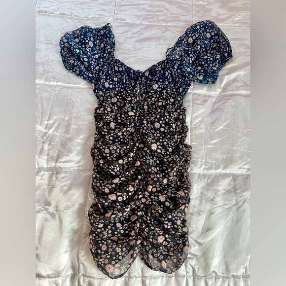Free People Tessa Floral Gathered Mini Dress Blue / Black - Picture 10 of 10